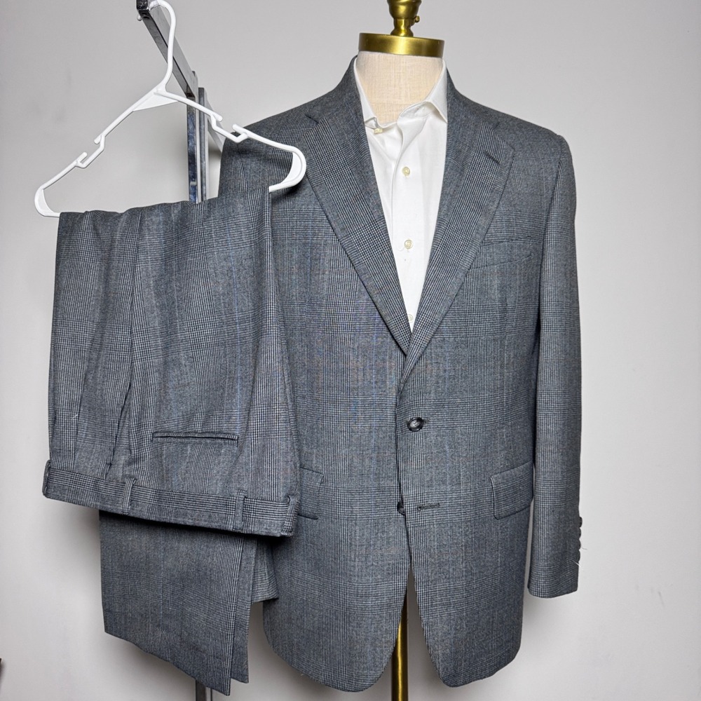 1980s Vintage Palm Beach Suit Mens 38R 34x26.5 Grey Glen Plaid Wool Blend
